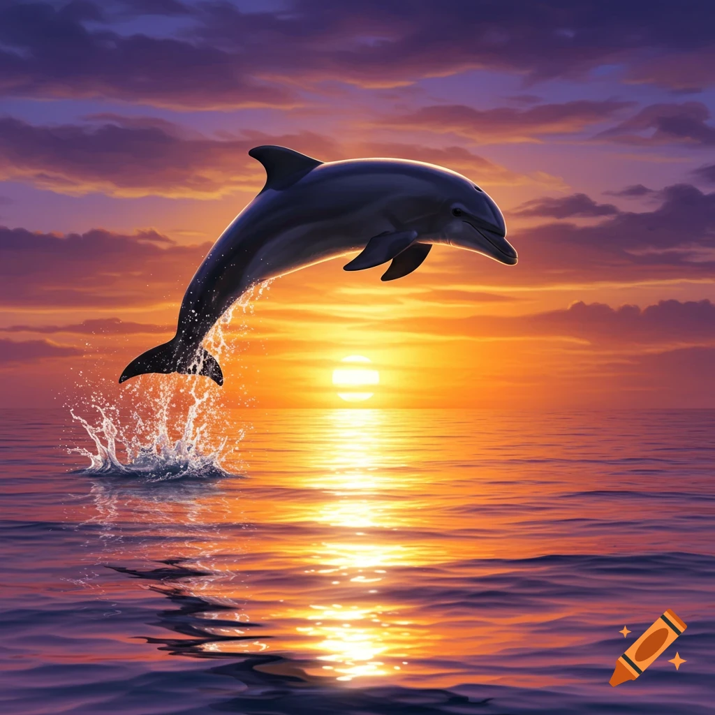 A dolphin leaps from the ocean into a vibrant orange and purple sunset sky, creating splashes of water.