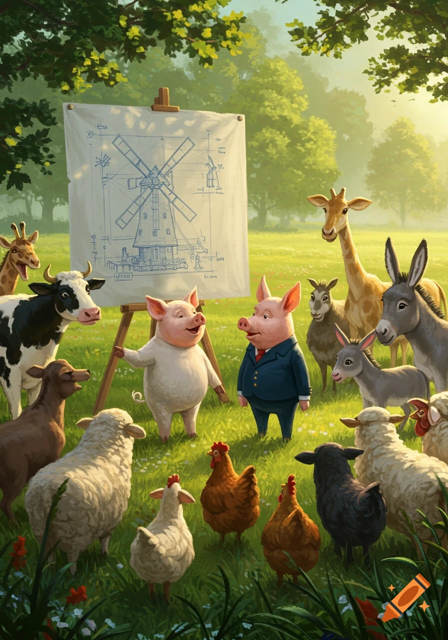 Anthropomorphic pigs present a windmill blueprint to a gathering of farm and wild animals in a sunny, green field illustration.