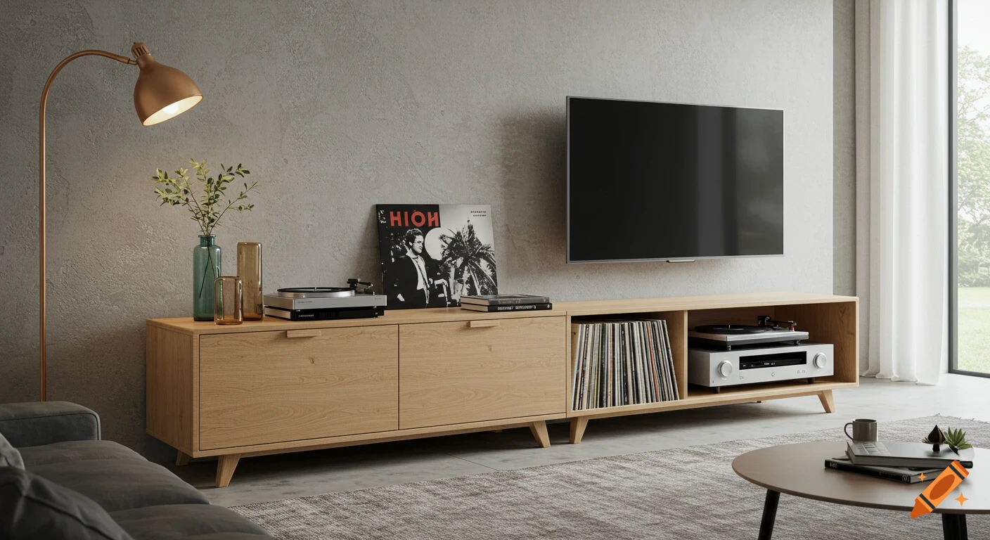 Modern light wood TV credenza with a wall-mounted flat-screen TV, a record player, vinyl records, and decor in a neutral living room.
