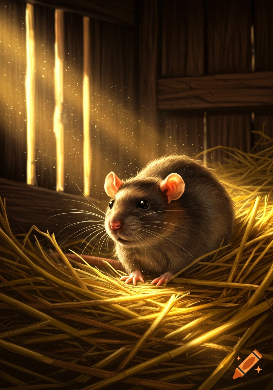 A small brown rat with pink ears and nose sits nestled in a pile of golden hay, illuminated by streaks of sunlight filtering through wooden planks.