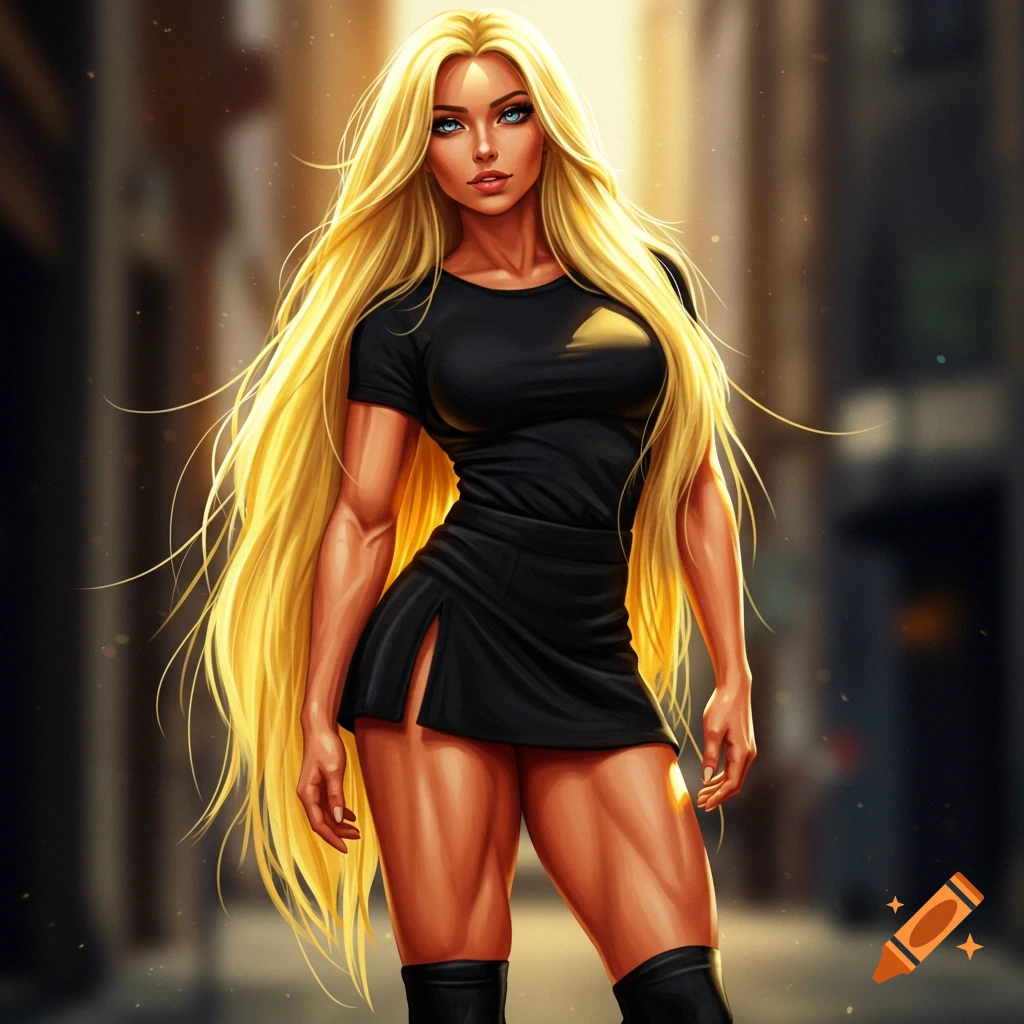 Digital art of a muscular woman with long blonde hair, blue eyes, wearing a black t-shirt, short black skirt, and boots on an urban street.