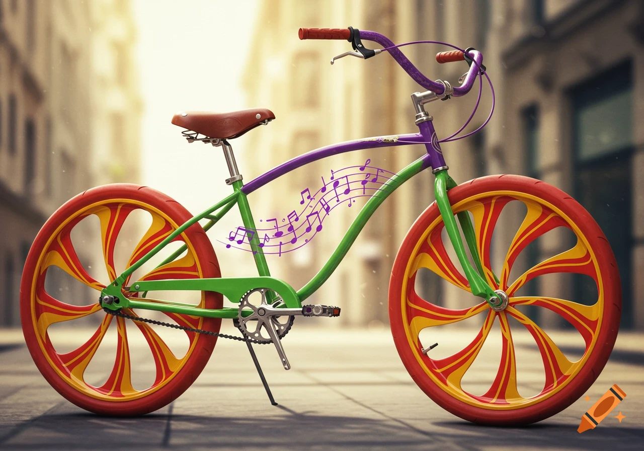 A vibrant green and purple bicycle with red and yellow swirl-patterned wheels and a brown seat, featuring purple musical notes floating around its frame, on a city street.