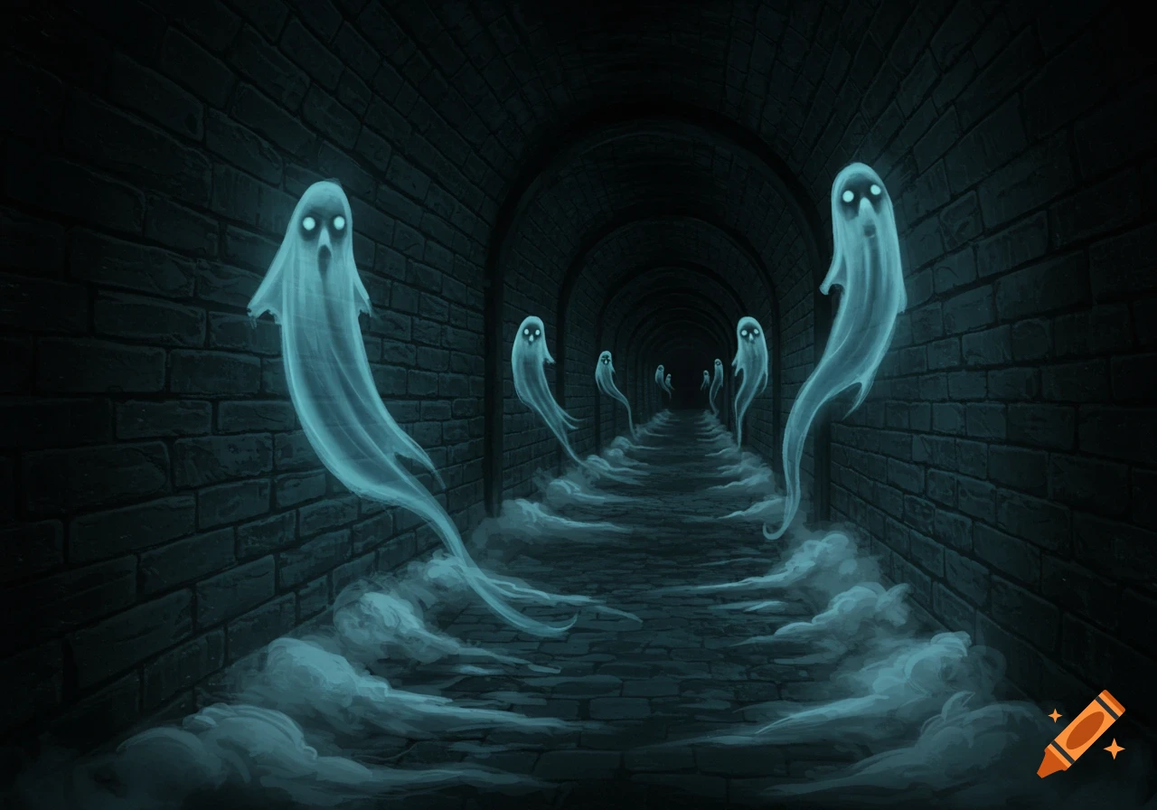 Eerie illustration of multiple glowing white ghosts floating through a dark, brick-lined tunnel.