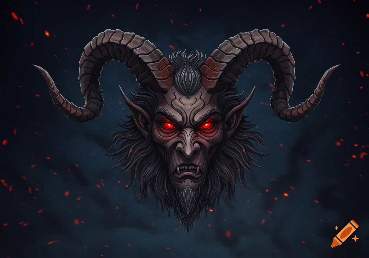A stylized, menacing Krampus head with large curved horns, red glowing eyes, and dark fur, against a dark, stormy background with red embers.