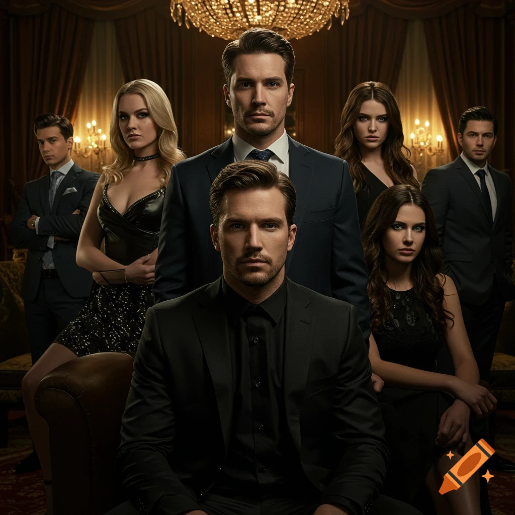 Six formally dressed individuals, four men in suits and two women in dresses, pose dramatically in an opulent, dimly lit room with a chandelier.