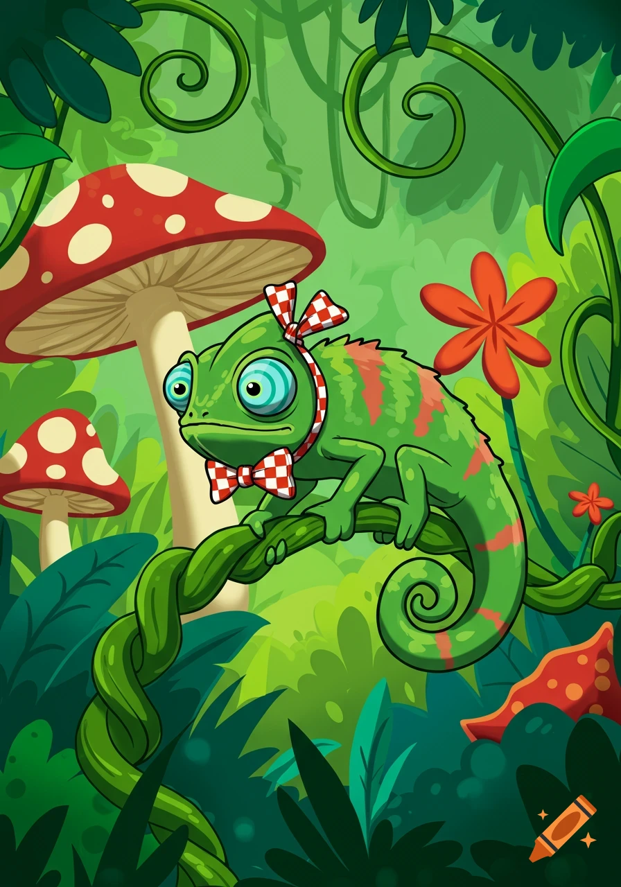 A cartoon chameleon wearing a red and white checkered bow tie and ribbon on its head, perched on a vine in a vibrant jungle with mushrooms.