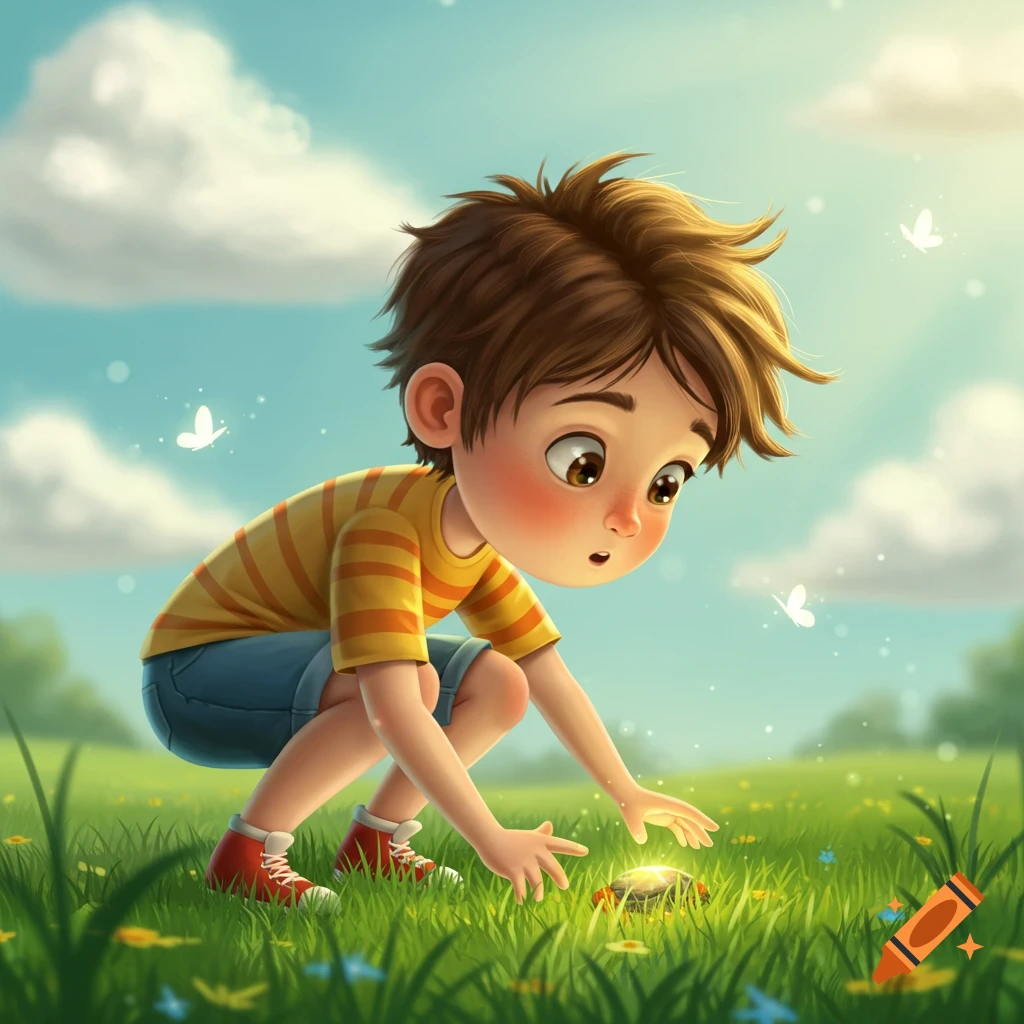 A cute cartoon boy squats in a grassy field, curiously looking at a glowing object with butterflies under a blue sky.
