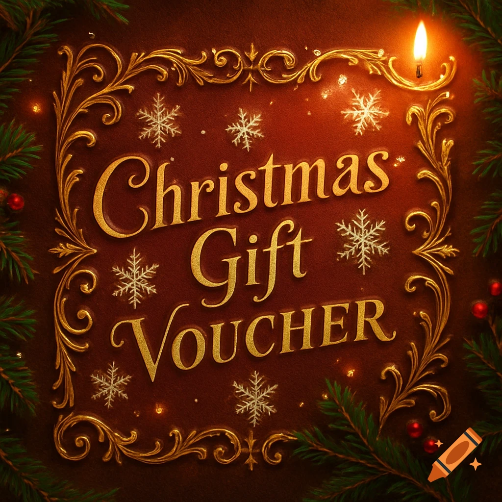 A golden Christmas Gift Voucher on a textured red background with an ornate frame, surrounded by pine needles, red berries, snowflakes, and a lit candle.