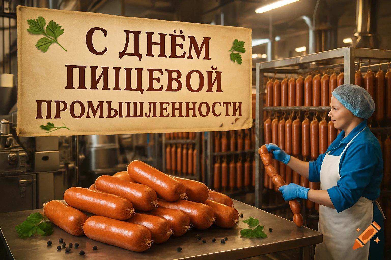 A woman in a blue uniform and hairnet works in a sausage factory, holding sausages. A sign reads 'Happy Food Industry Day' in Russian.