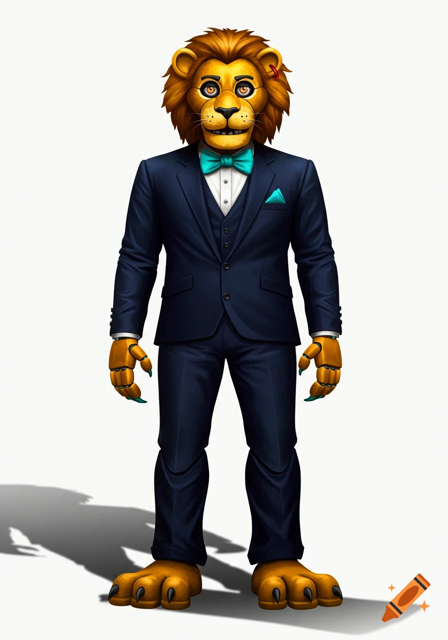 A full-body image of a lion animatronic in a dark blue suit with a turquoise bow tie, standing on a white background.