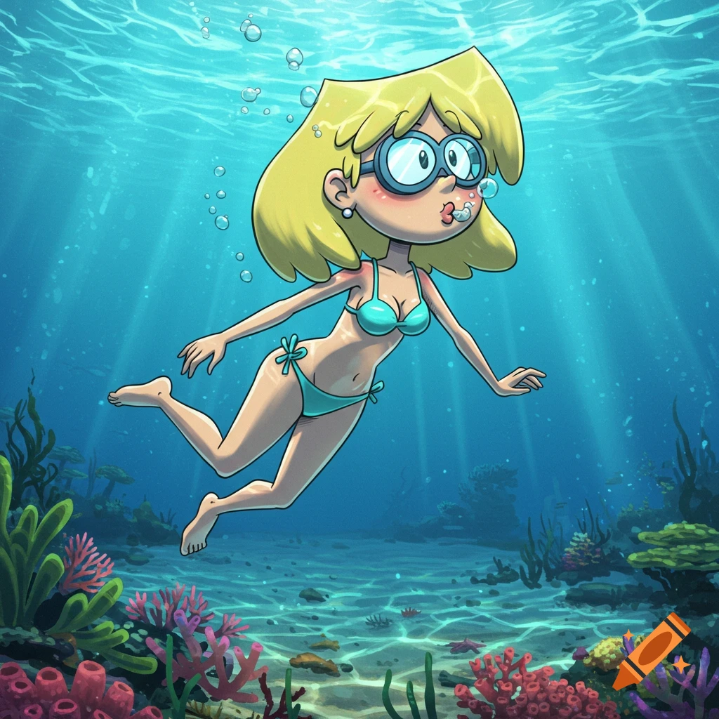 Cartoon Lori Loud in a teal bikini and goggles swims underwater, blowing bubbles above a vibrant coral reef.
