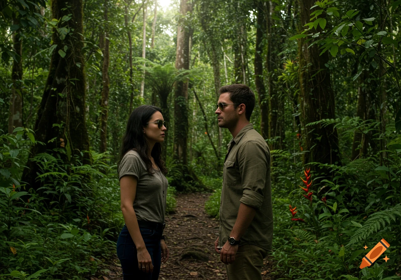 A man and woman in sunglasses face each other in a lush, green rainforest, appearing serious.