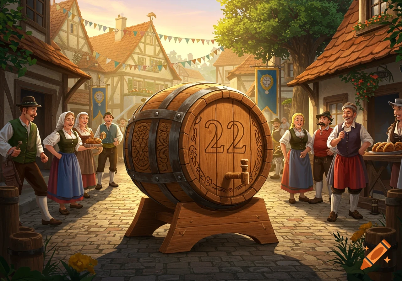 An illustrative image of a festive village square with people in traditional clothing surrounding a large wooden barrel marked '22'.