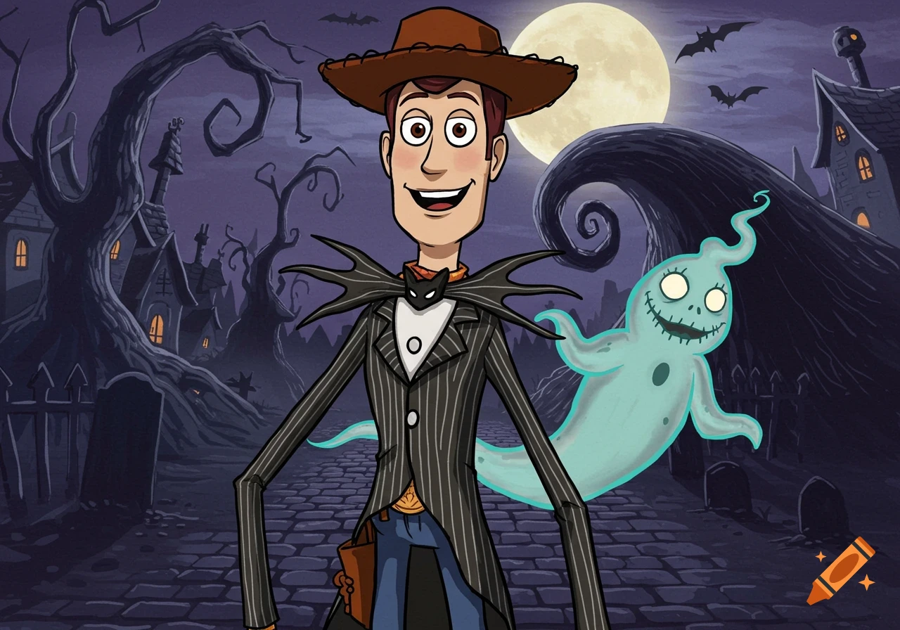 Woody from Toy Story dressed as Jack Skellington, with a ghost in a spooky Halloween village under a full moon, 2D cartoon style.