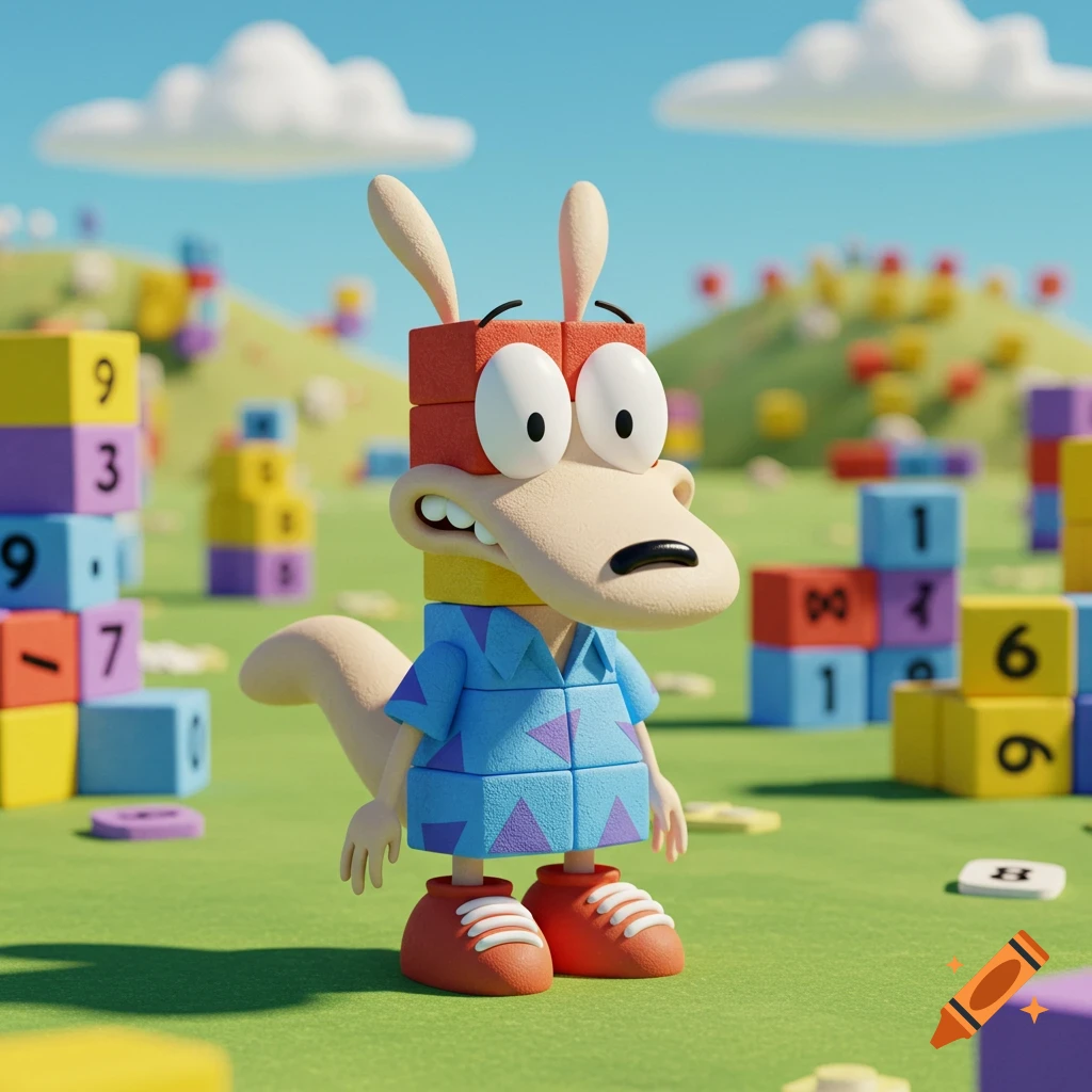 Stylized Rocko from Rocko's Modern Life, made of colorful blocks, stands in a grassy field with number blocks under a blue sky.