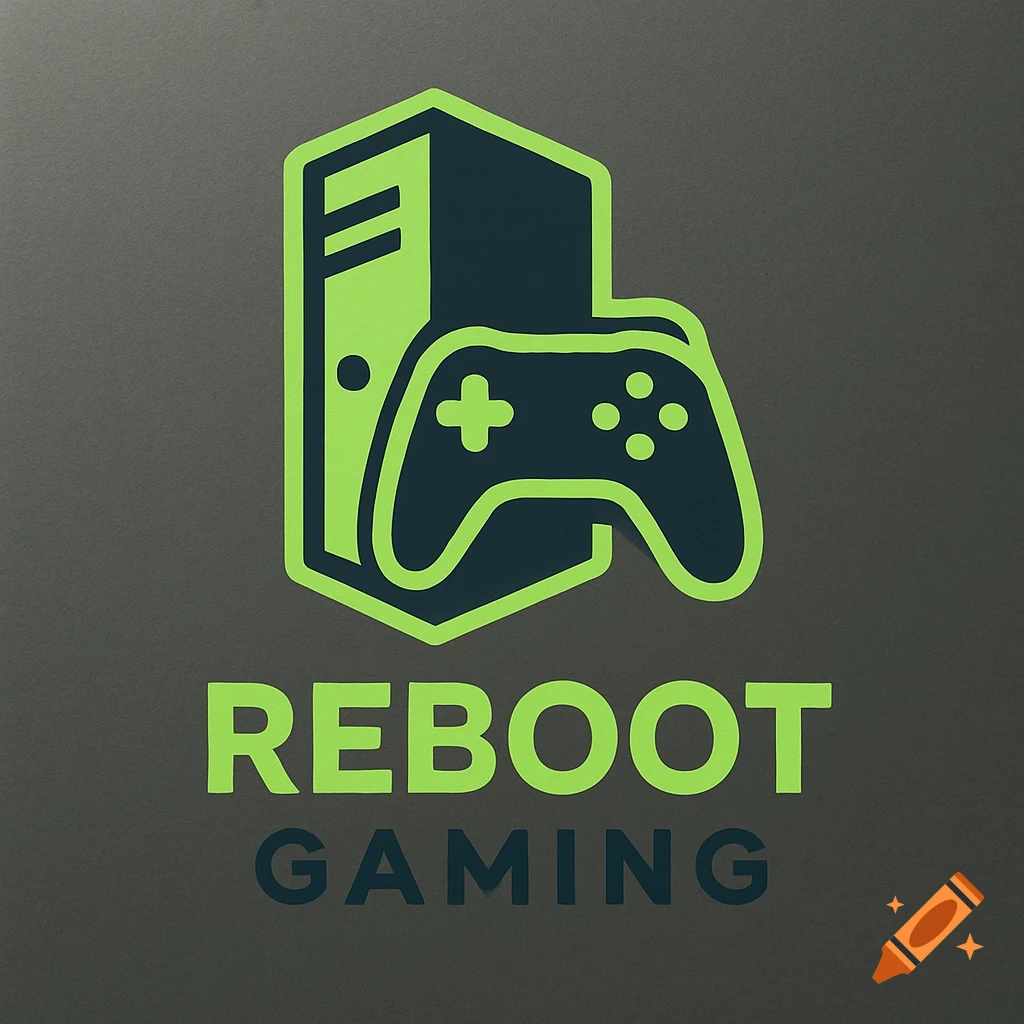 A green and dark gray logo for 'Reboot Gaming' featuring a stylized computer tower and gaming controller on a dark gray background.