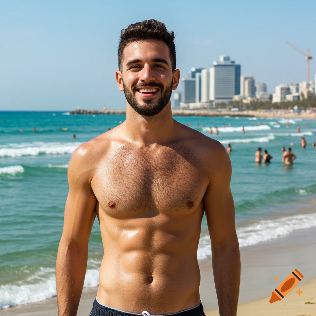 A smiling, bearded, shirtless man stands on a sunny beach with the sea and a city skyline in the background.