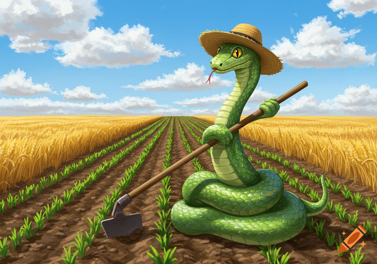 A cartoon green snake wearing a straw hat holds a hoe in a field of young plants with a golden wheat field and blue sky.