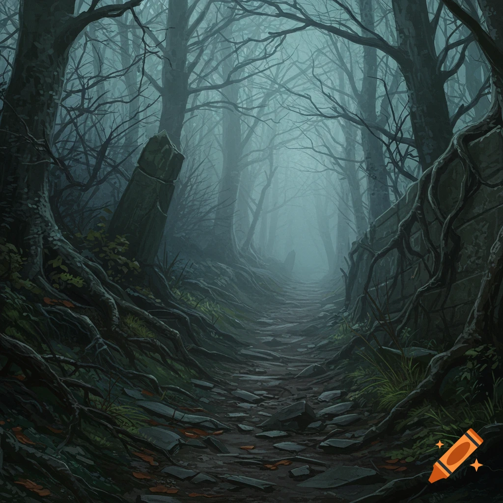 A dark and misty forest path winding between gnarled trees, with an ancient stone pillar and a root-covered wall.