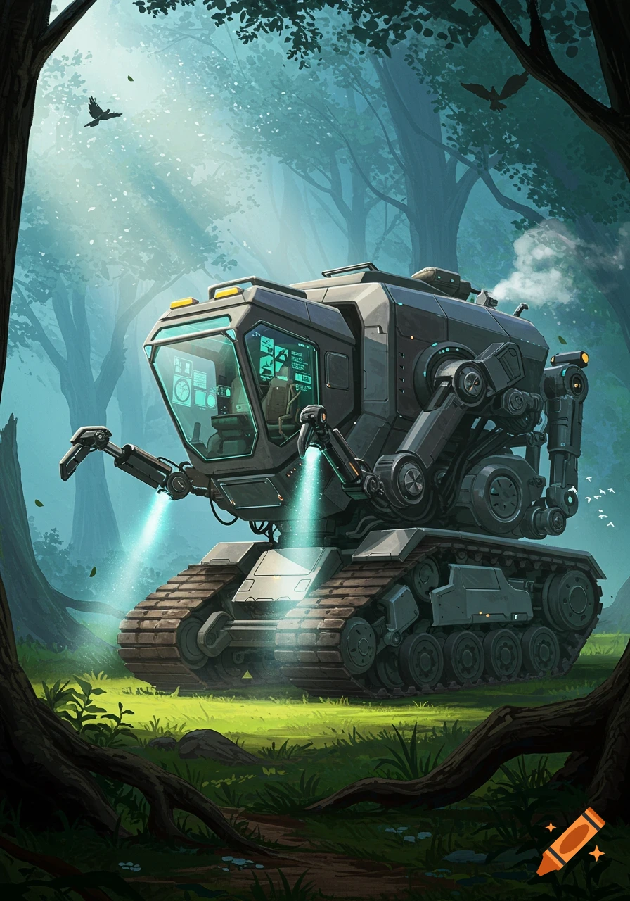 A large, futuristic robot tank with glowing lights sits on tracks in a vibrant forest with birds flying overhead, digital art.