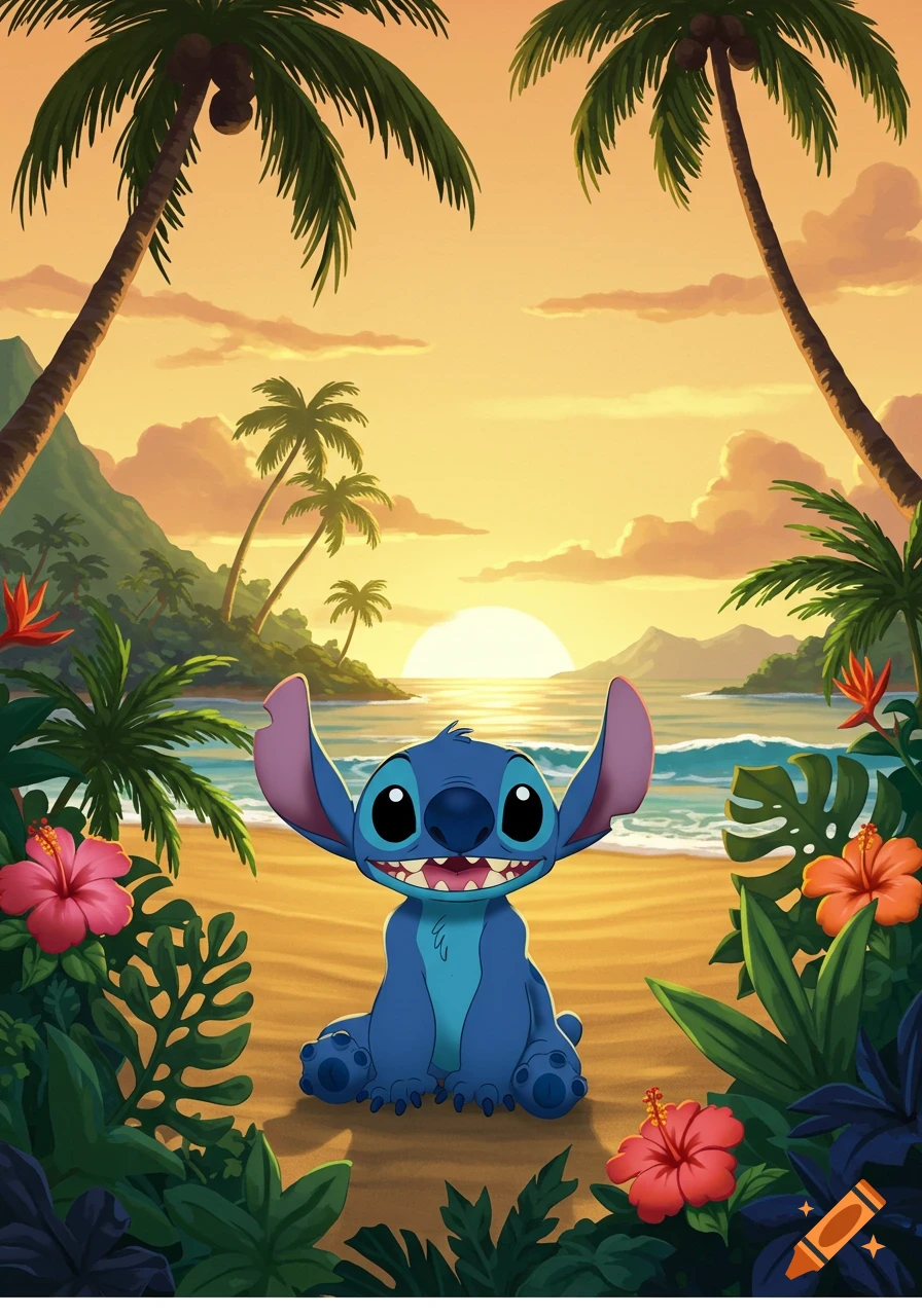 A happy cartoon Stitch sits on a tropical beach at sunset, framed by palm trees and hibiscus flowers.