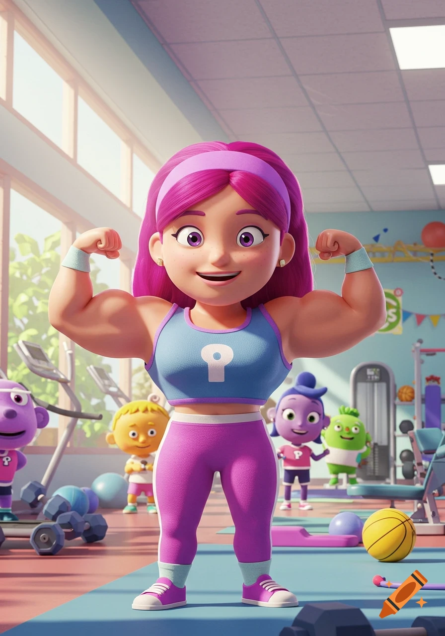 A cartoon girl with pink hair and large muscles flexes in a gym, surrounded by other cartoon characters.