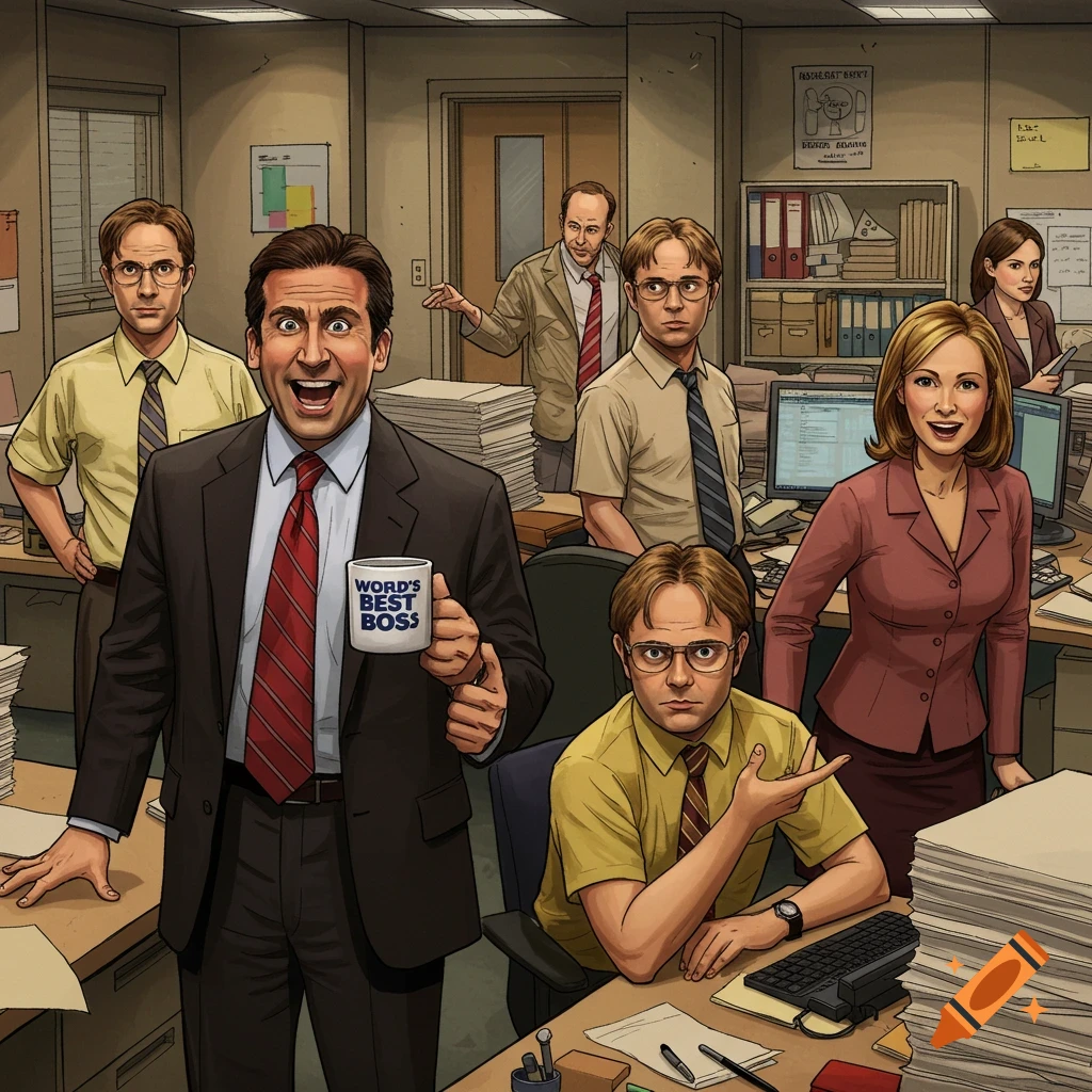 A cartoon illustration of characters from 'The Office' in their office. Michael Scott holds a 'WORLD'S BEST BOSS' mug and smiles, surrounded by his colleagues.