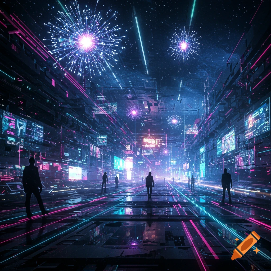 Cyberpunk city at night with neon lights, digital screens, silhouetted people on a reflective floor, and fireworks in the dark sky.