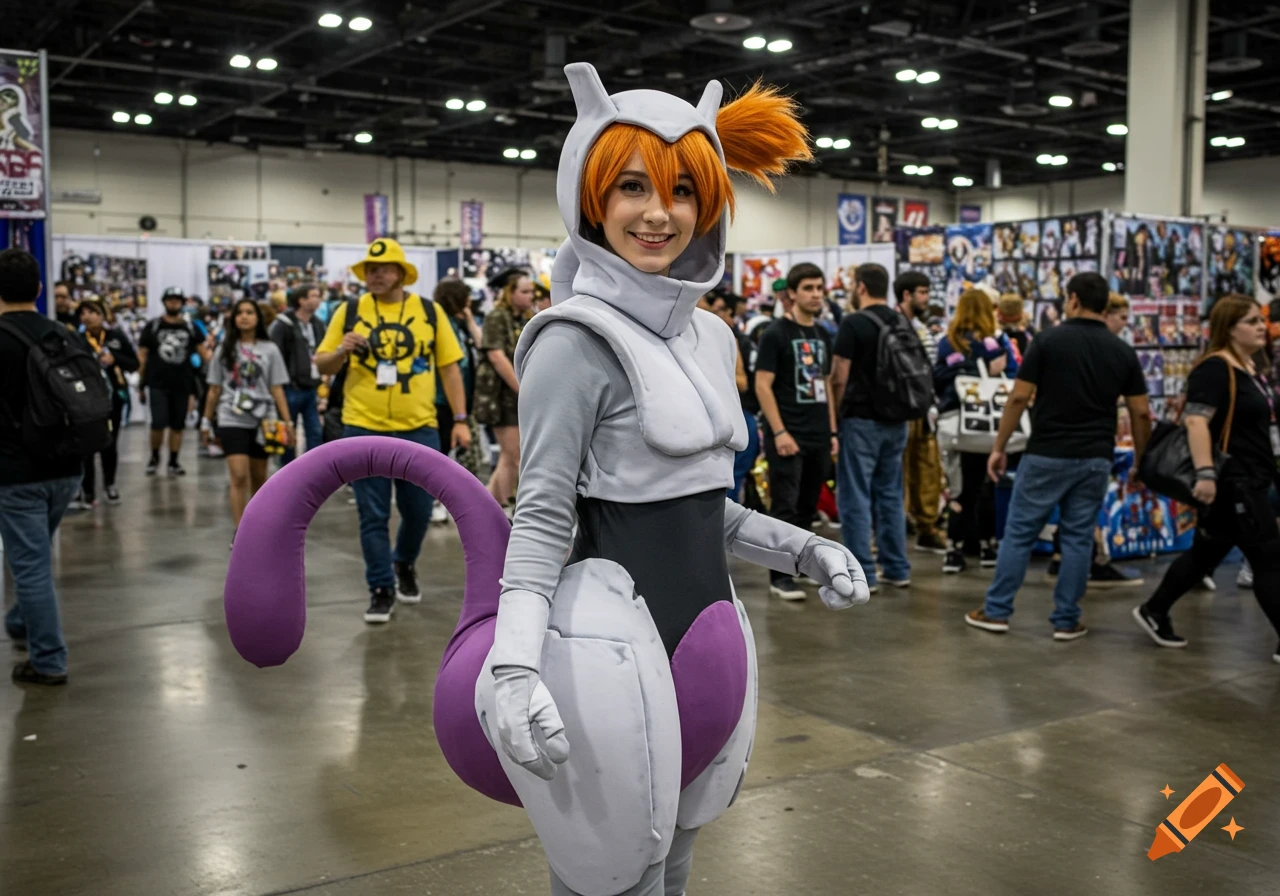 A woman cosplaying as Misty wearing a Mewtwo costume smiles at a busy convention.