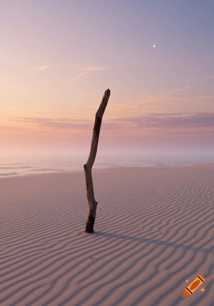 A piece of driftwood stands upright on a sandy beach with ripple patterns, under a soft pastel sky at sunset.