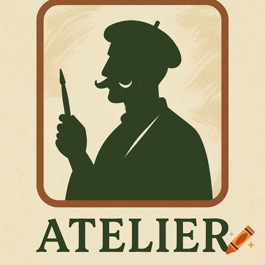 Vintage logo of a painter's silhouette in a beret and mustache, holding a brush, above the word ATELIER.