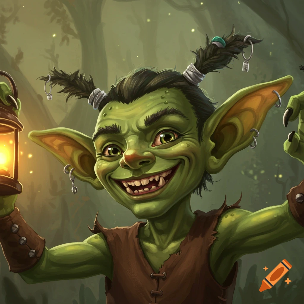 A grinning green goblin with large ears, wearing a brown tunic, holds a glowing lantern in a lush forest.