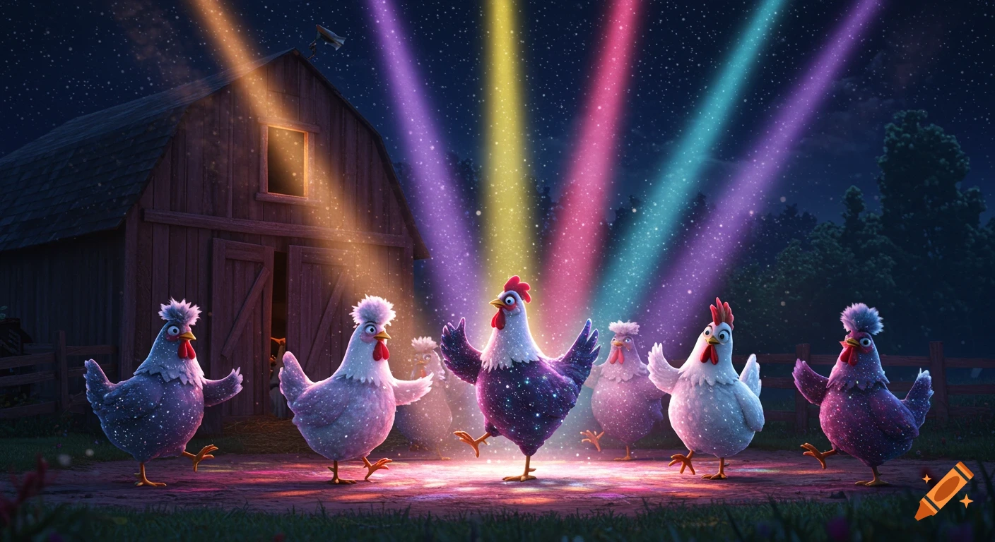 Six stylized, glittery chickens dance under colorful spotlights in front of a rustic barn at night with a starry sky.