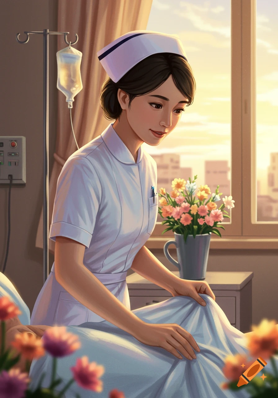 A young nurse in a white uniform tends to a patient in a sunlit hospital room, with an IV drip and flowers nearby, in an illustrative style.