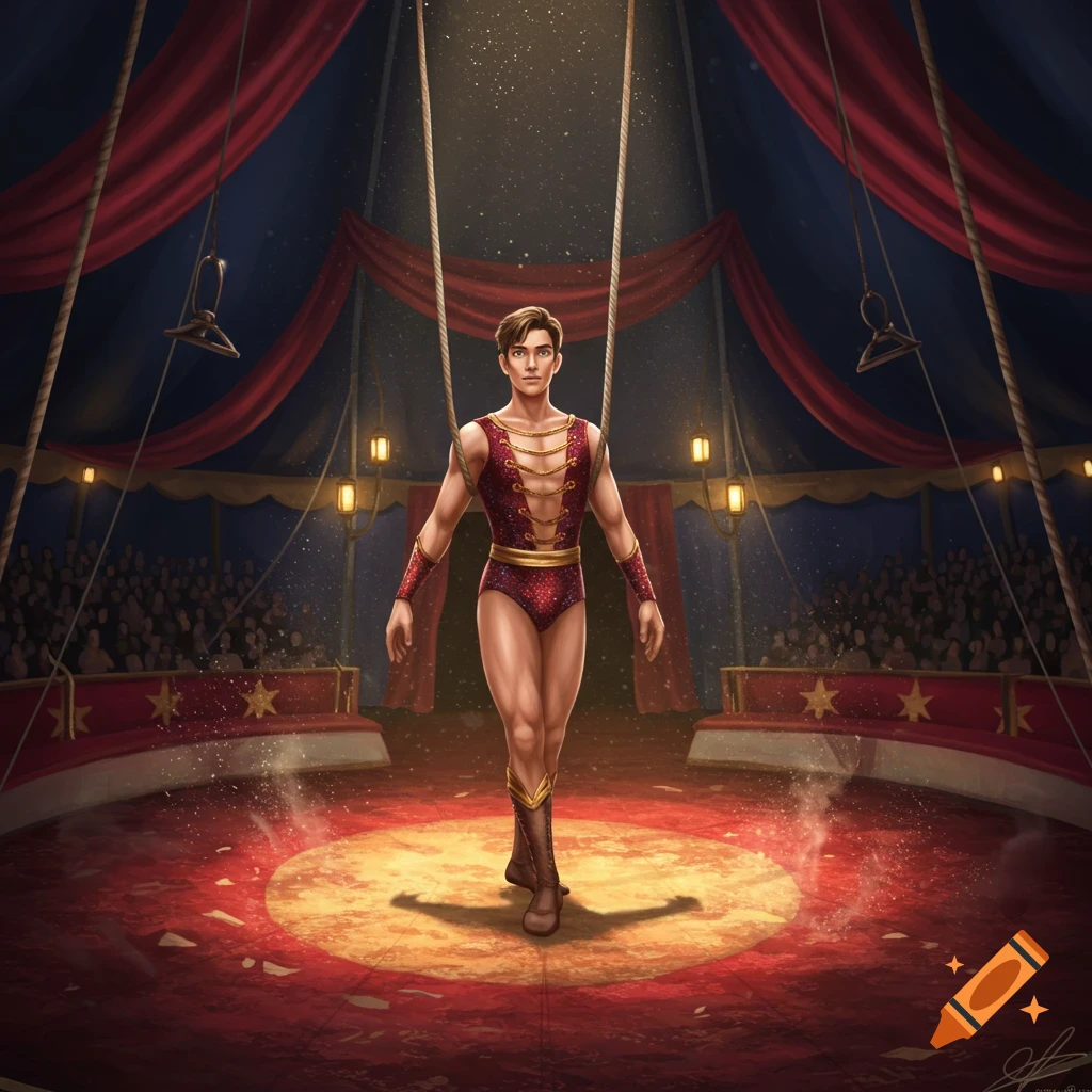 A male performer in a sparkling red leotard stands in a spotlight in a circus ring, surrounded by an audience in a big top tent.