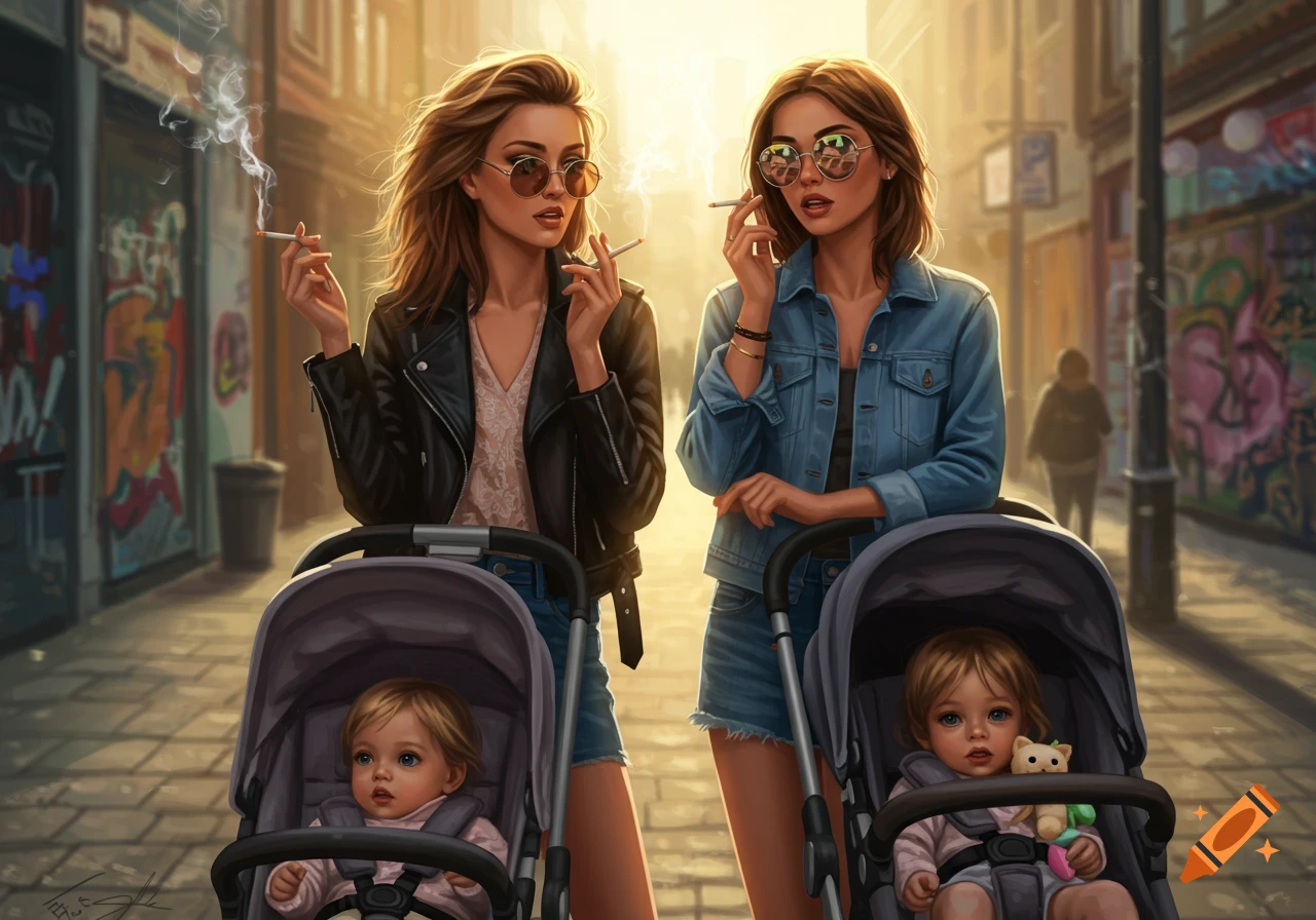 Two young women with sunglasses smoke cigarettes while pushing baby strollers down a sunlit city street with graffiti on buildings.