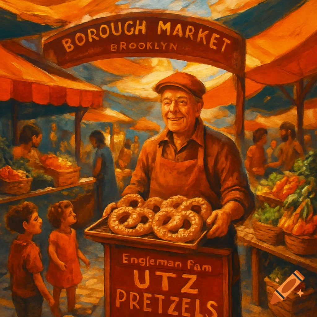 A smiling man holds a tray of pretzels at a bustling Borough Market in Brooklyn, painted in warm, vibrant colors.