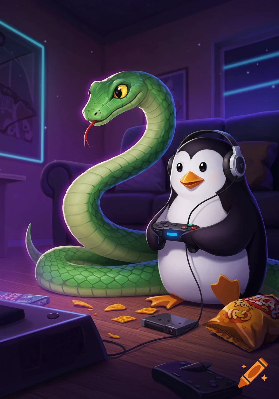 A cartoon snake watches a penguin wearing headphones play video games with a controller, surrounded by snacks in a dark room.