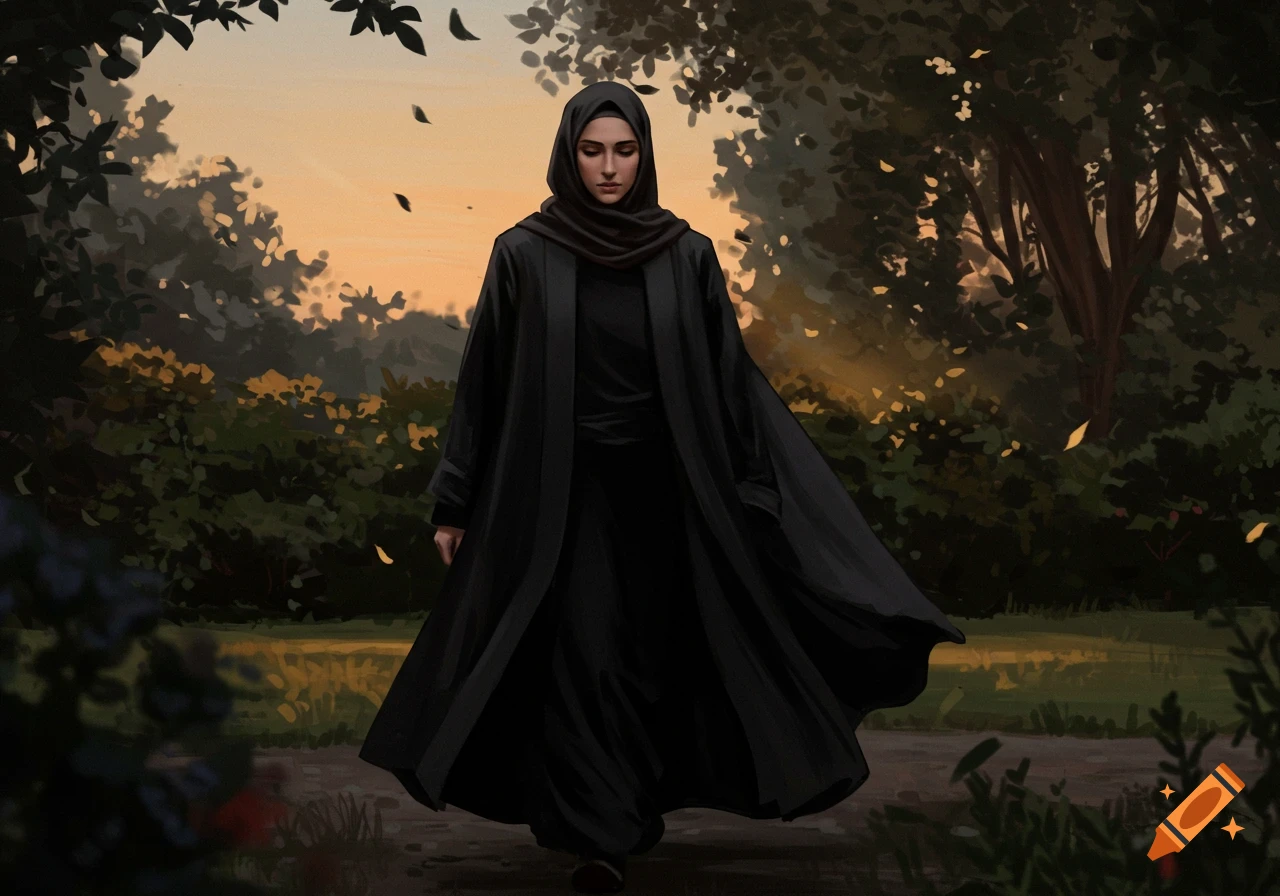 A woman in a black abaya and hijab walks on a path through a lush forest during sunset, with leaves falling.