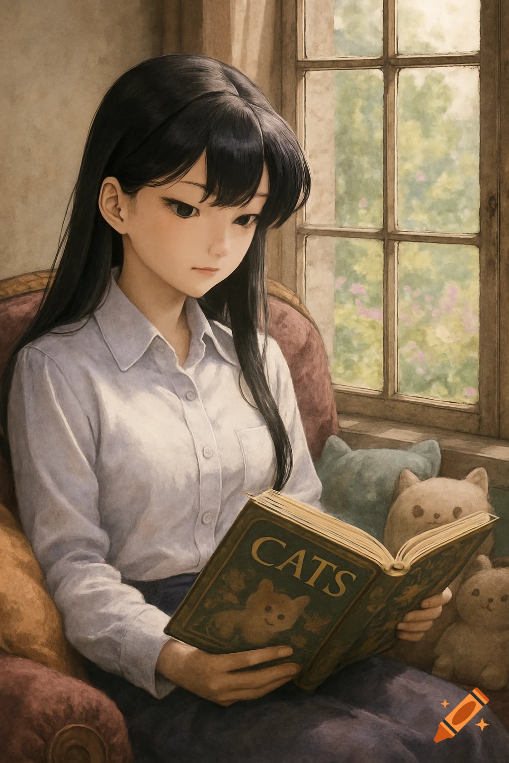 An anime-style young woman with long black hair reads a book titled 'CATS' by a window, with cat plushies.