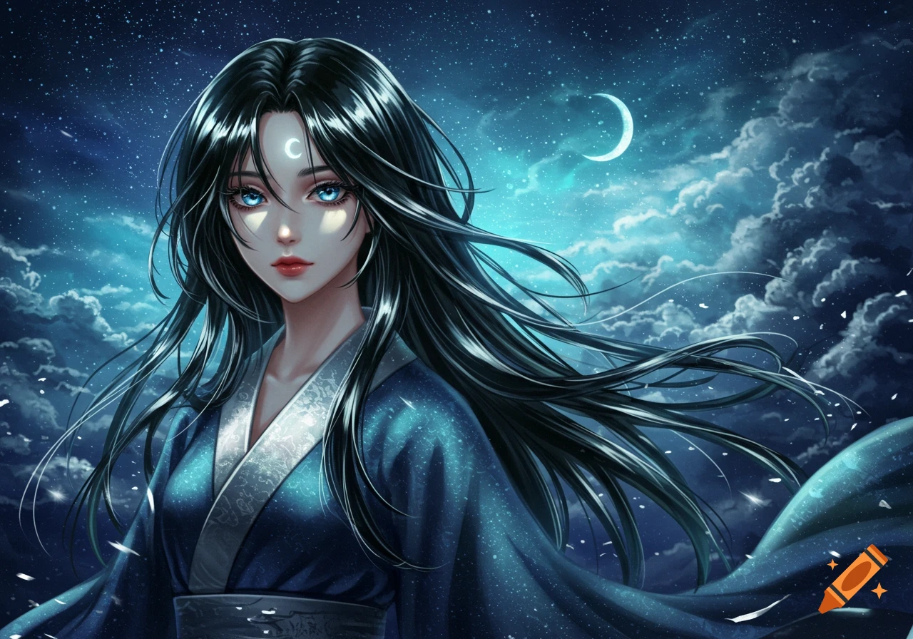 Blue-eyed anime girl with long black hair, crescent moon symbol on forehead, in blue kimono, against a starry night sky and moon.