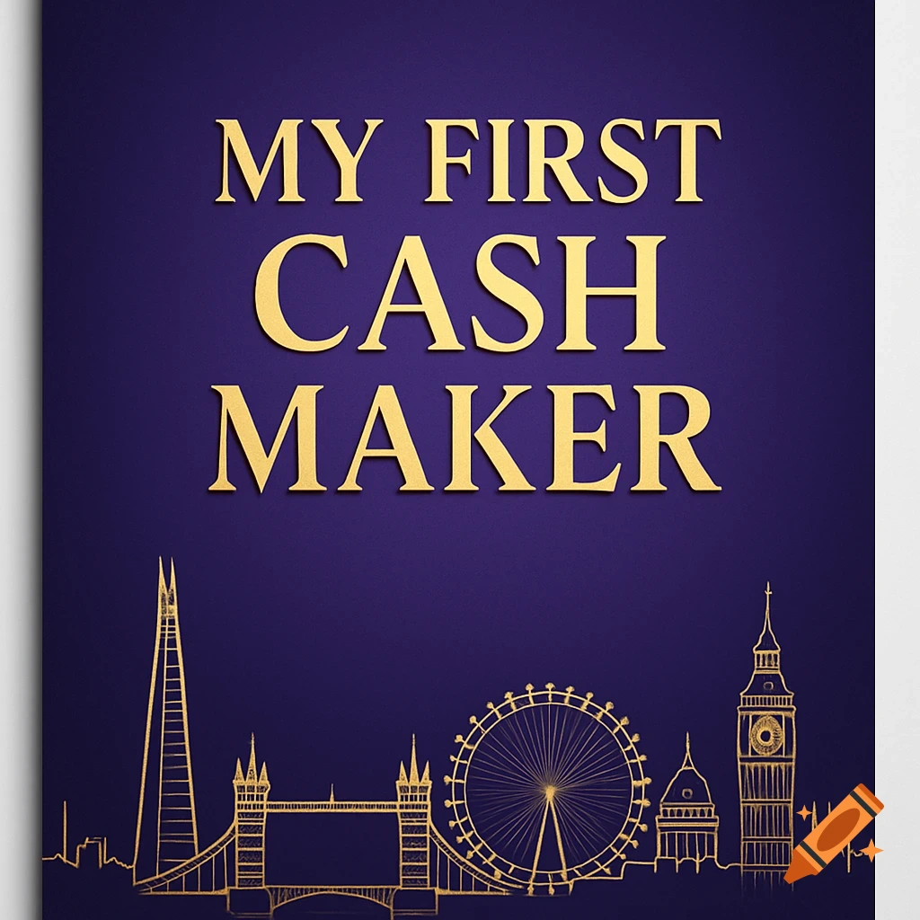 Golden text 'MY FIRST CASH MAKER' on a royal purple background, with a golden outline of the London skyline beneath it.