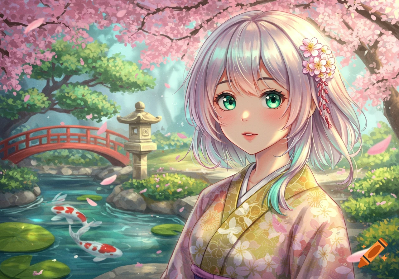 Anime girl with white hair, green eyes, and flowers in her hair, wearing a floral kimono in a Japanese garden with cherry blossoms, a red bridge, and koi fish.