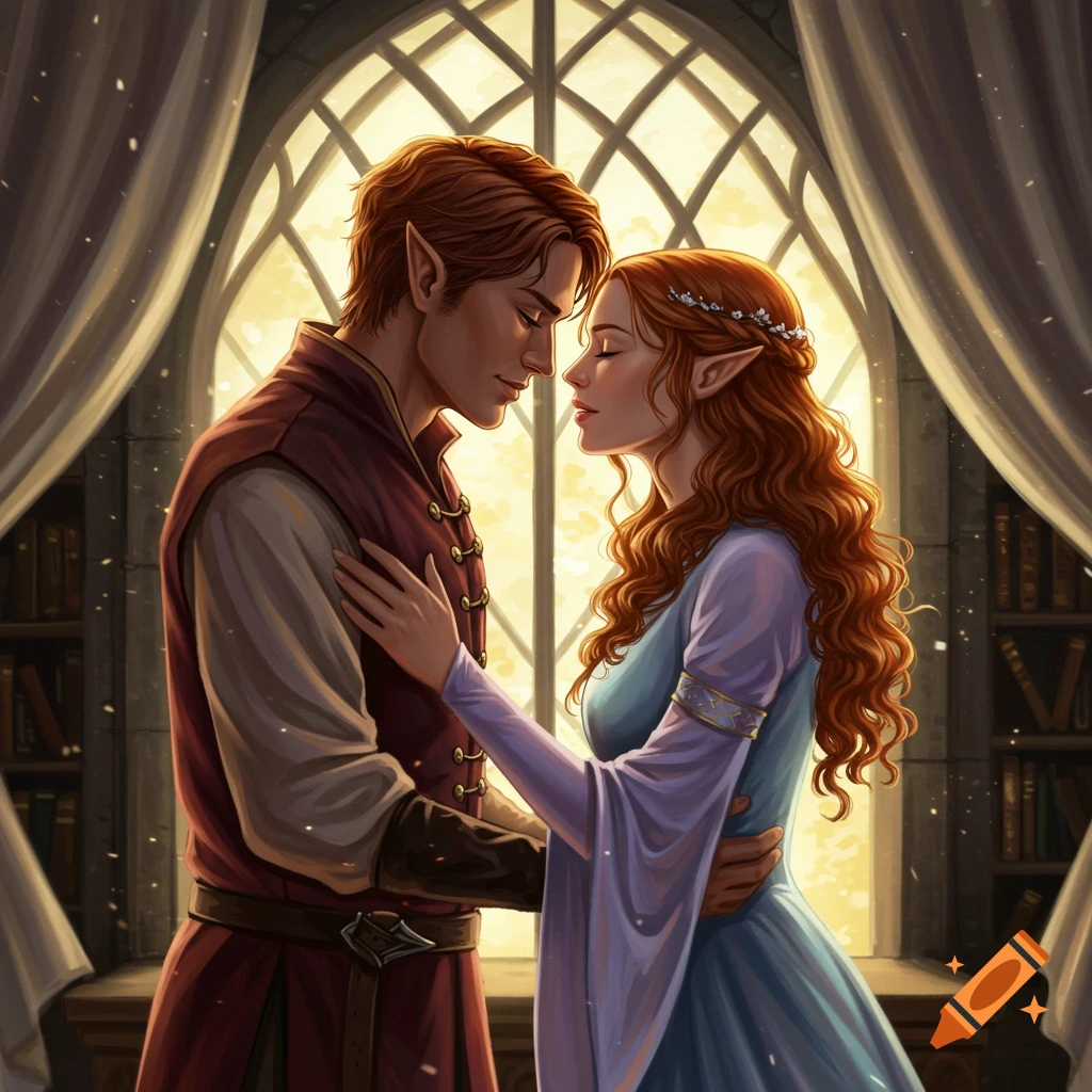 Two elf-like characters in fantasy attire embrace before a large arched window with light streaming in, in an illustrative style.