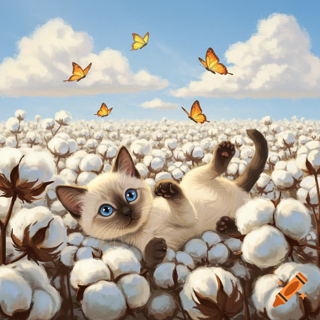 A cute Siamese kitten with blue eyes rolls lazily in a fluffy white cotton field under a blue sky, with orange and yellow butterflies flying nearby.