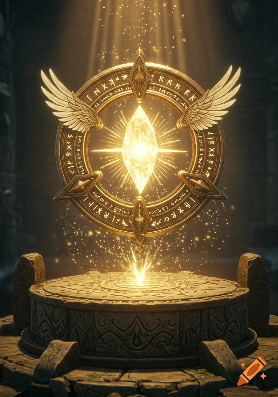 A glowing golden circular artifact with wings, a central crystal, and carved runes floats above a stone altar, emitting light in a dramatic fantasy scene.