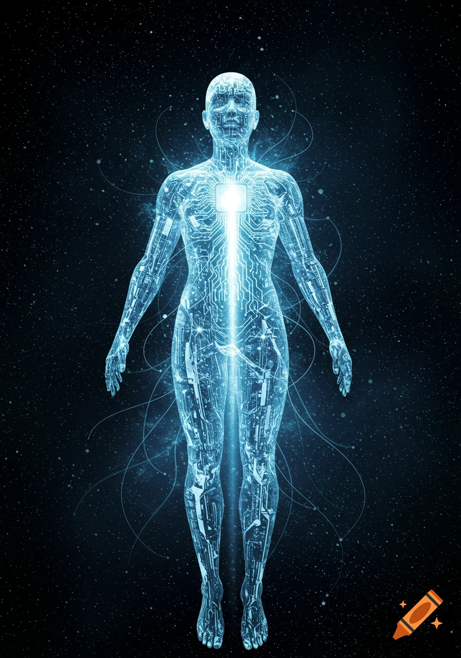 Glowing, translucent human figure made of circuit patterns, with a bright core, against a dark, starry space background.