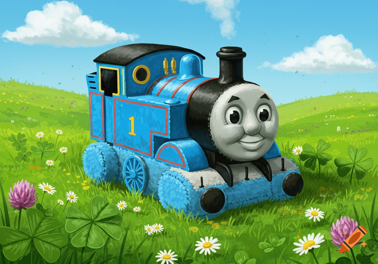 A plushie-textured Thomas the Tank Engine sits in a vibrant green field with white and pink flowers under a blue sky.