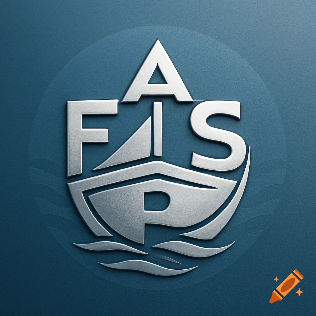 Metallic silver FASP logo shaped like a boat, embossed on a dark blue textured background with subtle waves.