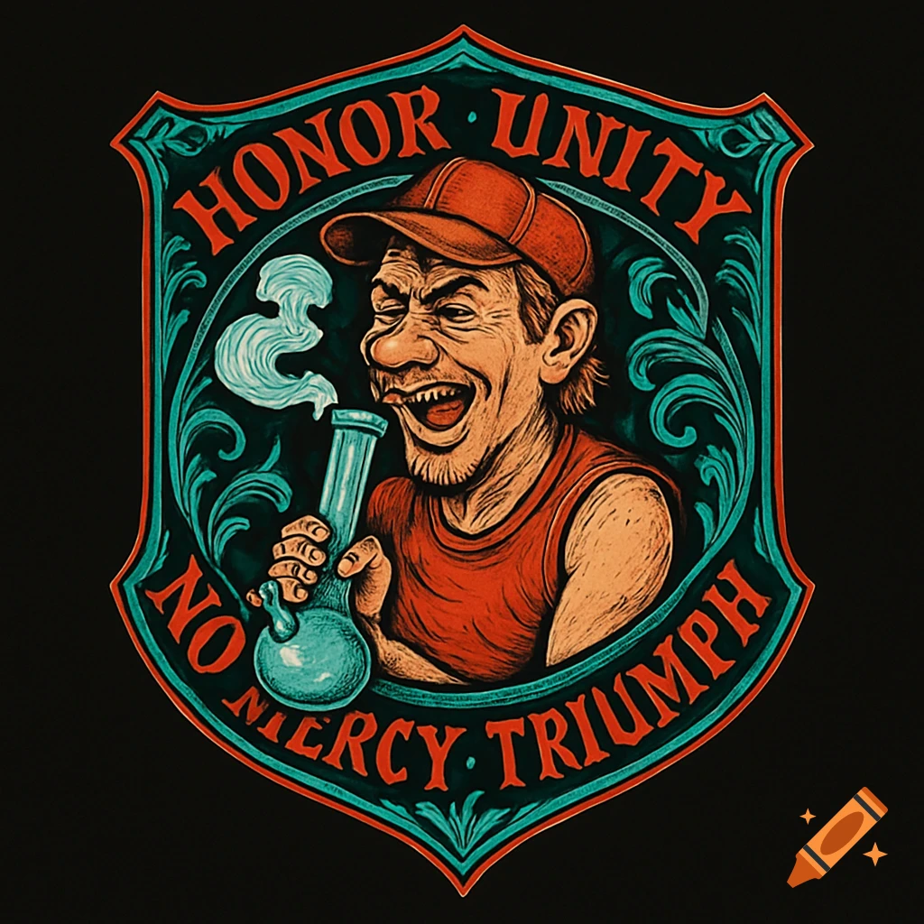 A stylized shield logo with a laughing caricature of a redneck smoking a bong, surrounded by the text 'HONOR UNITY NO MERCY TRIUMPH'.